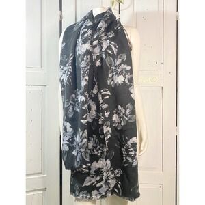 Lands' End Dual Pattern Scarf Black Gray Roses Polka Dots Whimsigoth‎ Noir